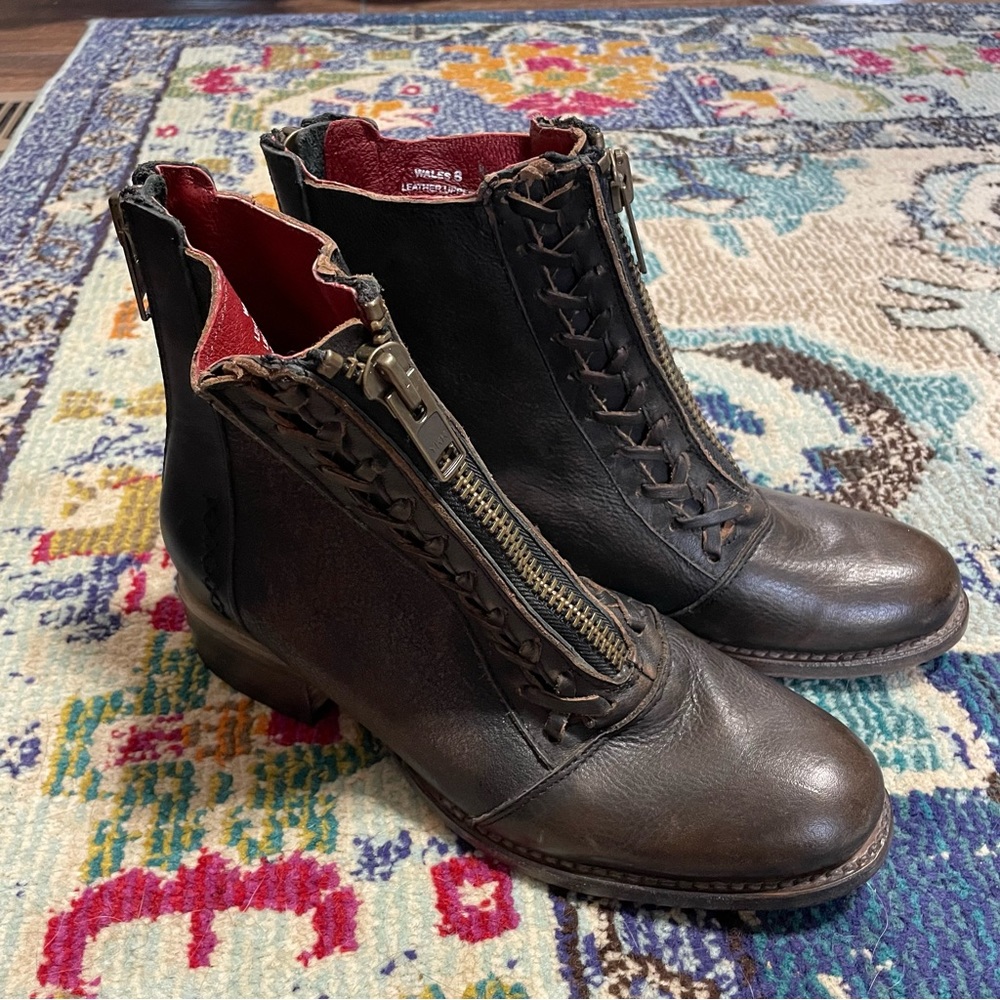 Leather Lace-Up Ankle Boots with Front Zip - Brown